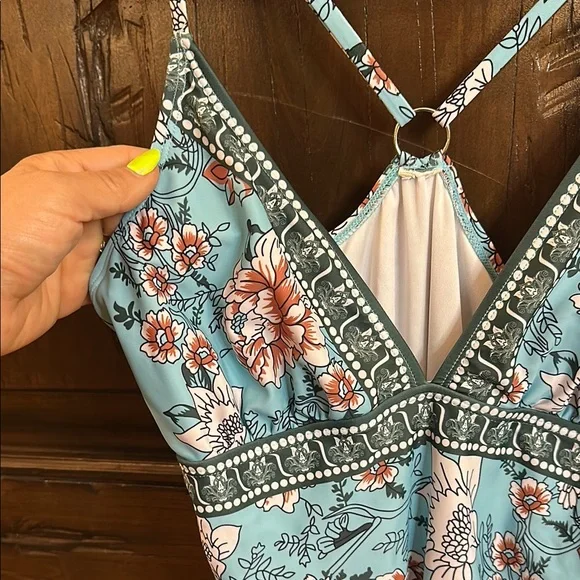 Blue and White Floral One Piece Swimsuit with Strappy Back - Picture 3 of 5